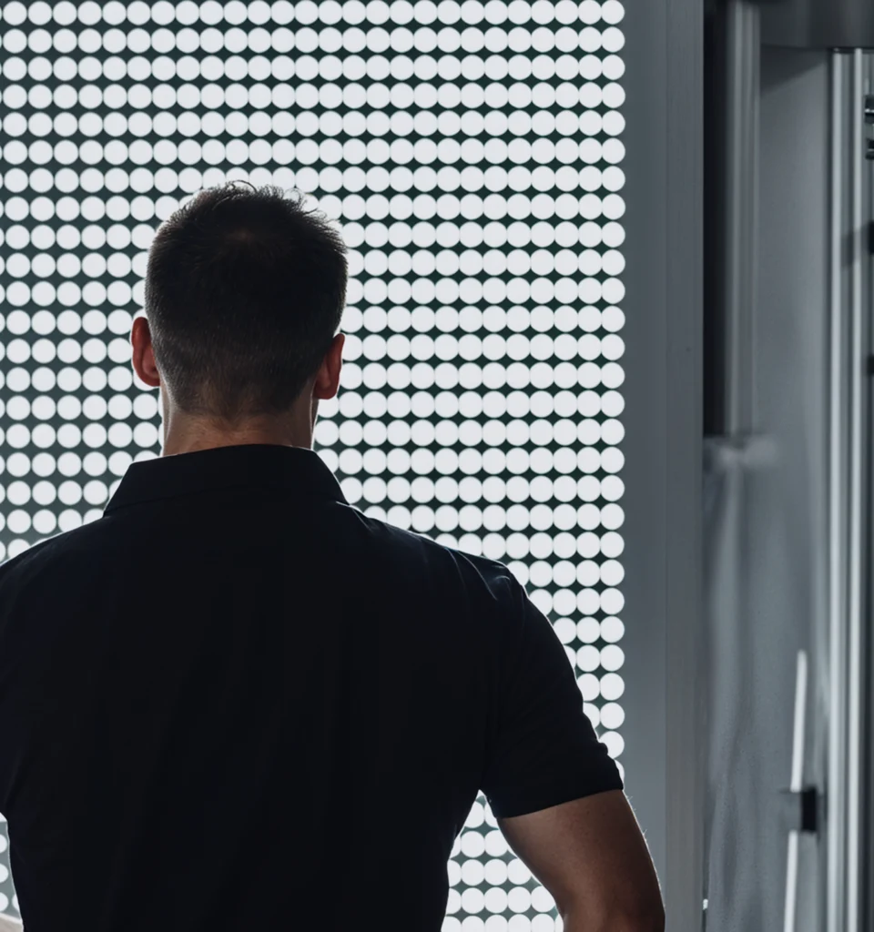Homme de dos observant un mur de LED dans un atelier de conception ARKA