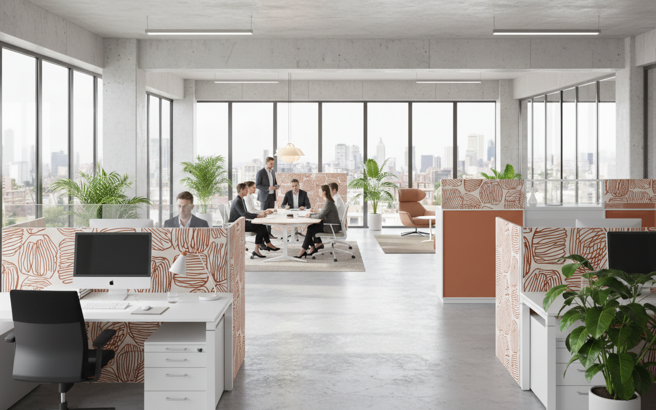 Séparateurs de bureau acoustiques ARKA avec motif terracotta design dans un open space lumineux